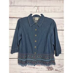 Allison Daley Petites Women's size 8P Blue Jean Denim Embroidered Fringe Top